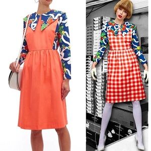 BATSHEVA Floral Bow Print‎ Oversized Collar Long Sleeve Coral Apron Midi Dress 4